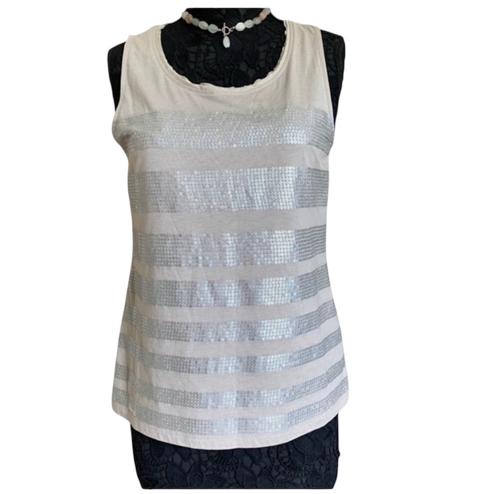Chico’s Tan Cream Cotton A Line Sequin Stripe Tank Top medium